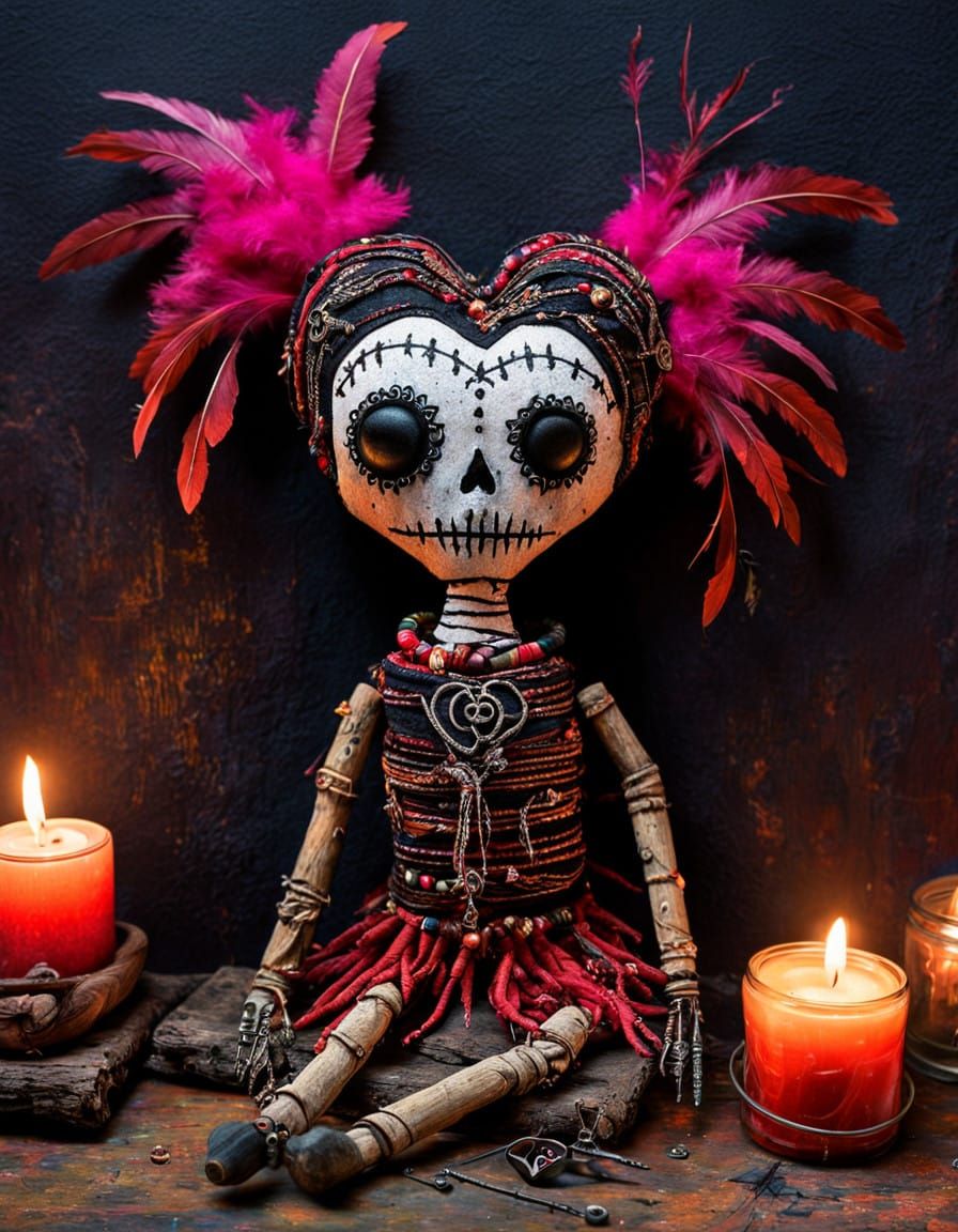 Vibrant Fabric Voodoo Doll Effigy in Dark New Orleans Magic...