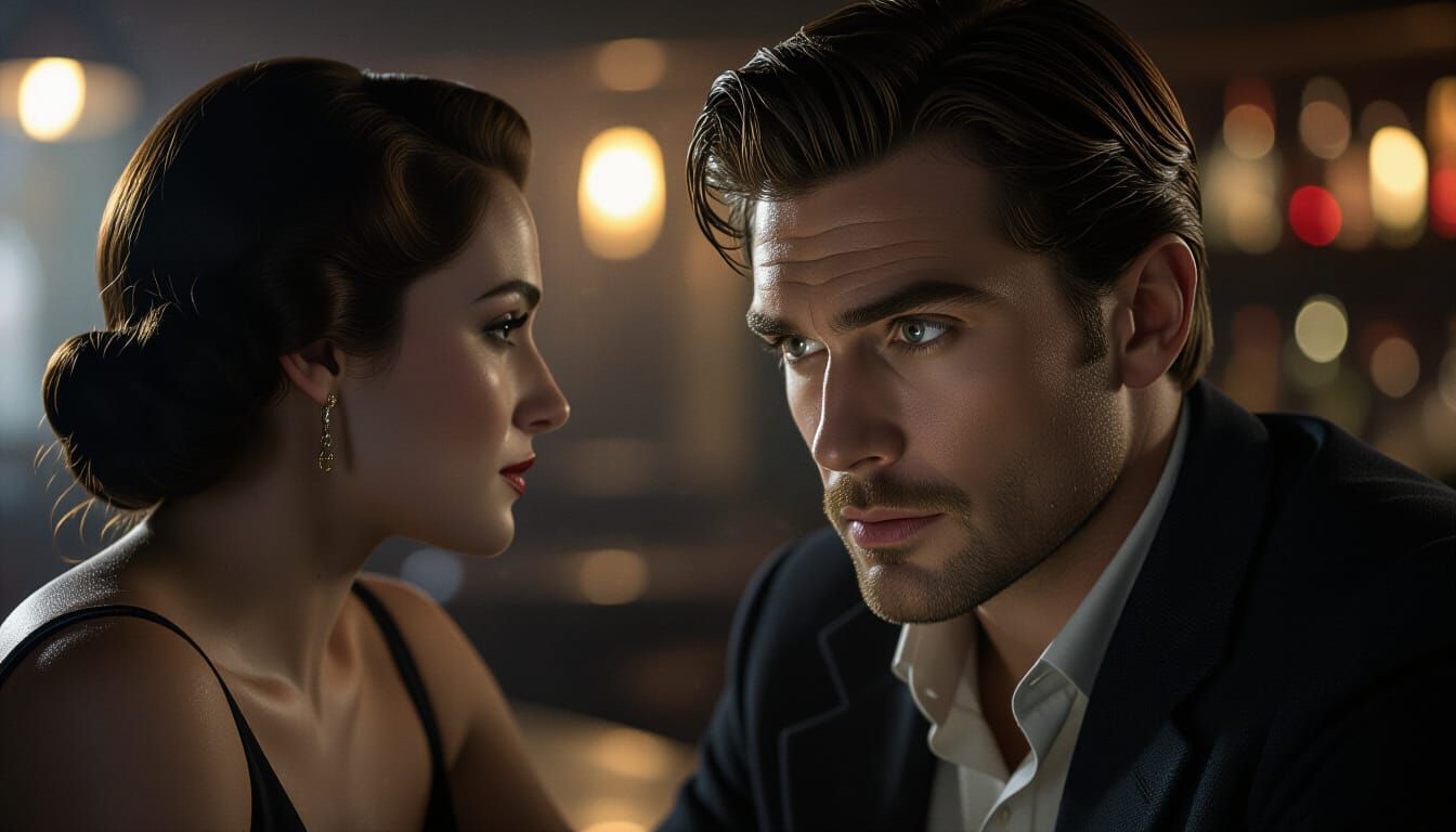 Man's Intense Gaze Meets Feminine Silhouette