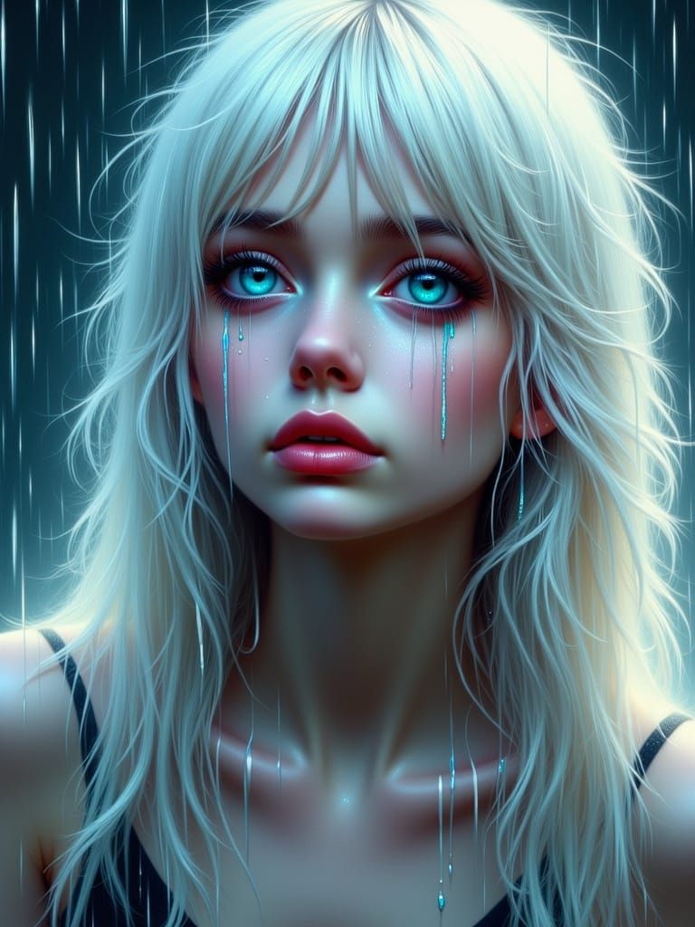 Melancholic Woman Cries in Rain: Atmospheric Portrait