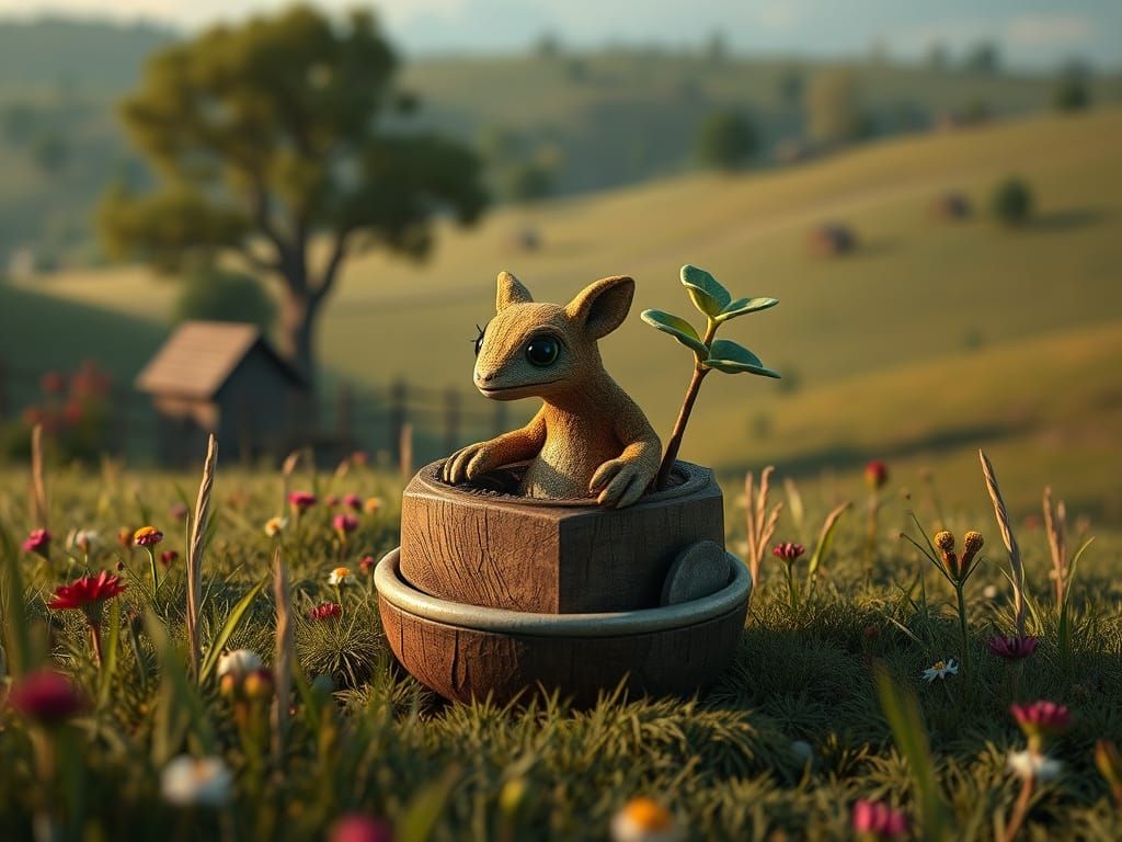 Pastoral Landscape with Cube Artifacts in 3D Fantasy Style