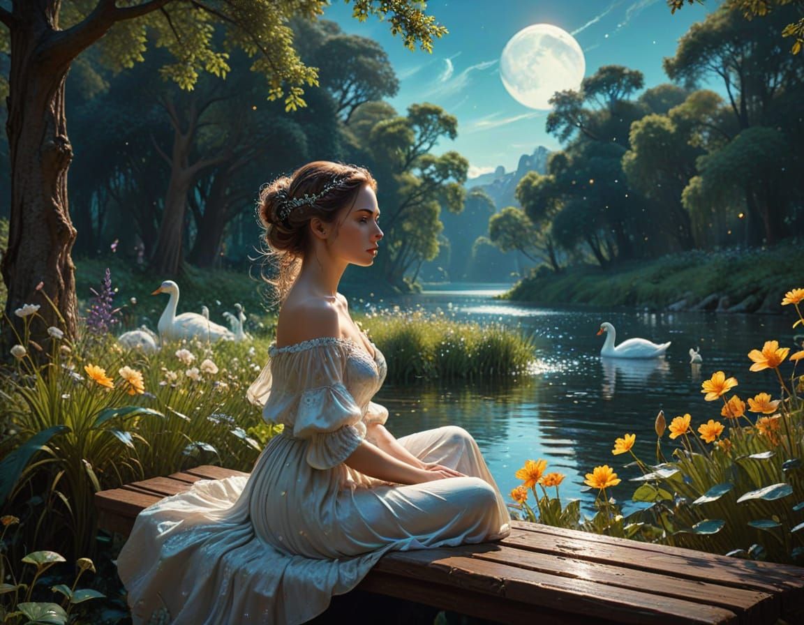 Weathered Park Scene with Swans and Ducks