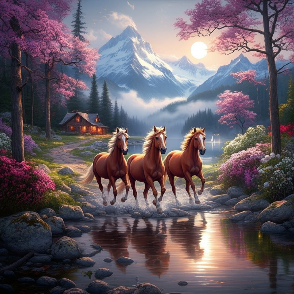 Horses Run in a Serene Swiss Alps Winter Scene