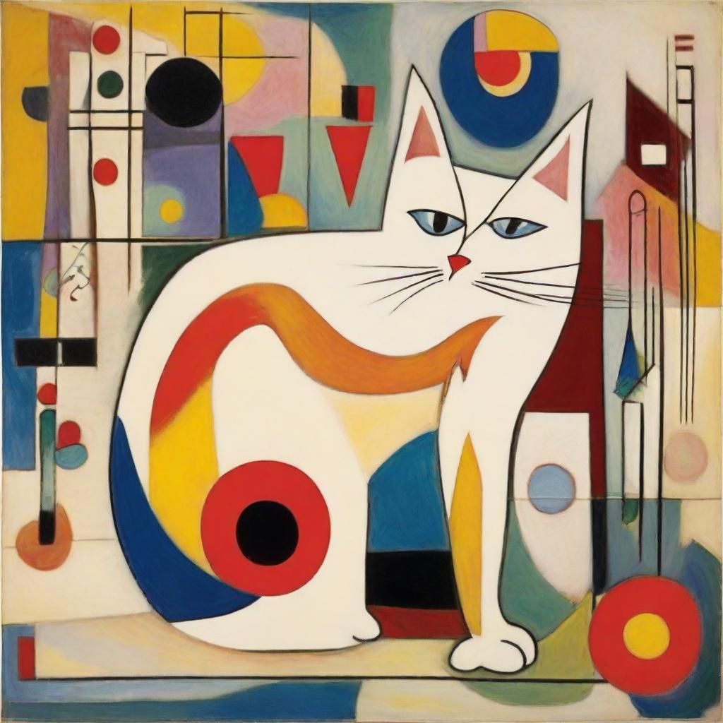 Art by Wassily Kandinsky, abstract composition of a kitty cat exploring the form and essence of pet kitty cat through ge...