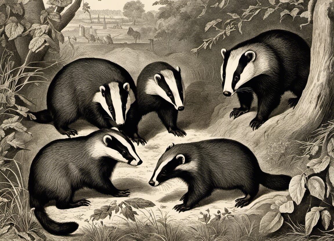 Victorian Badger Family: A Whimsical Scientific Illustration