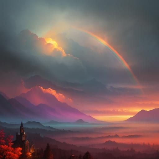 Rainbow During Sunset in Magical Realism Style