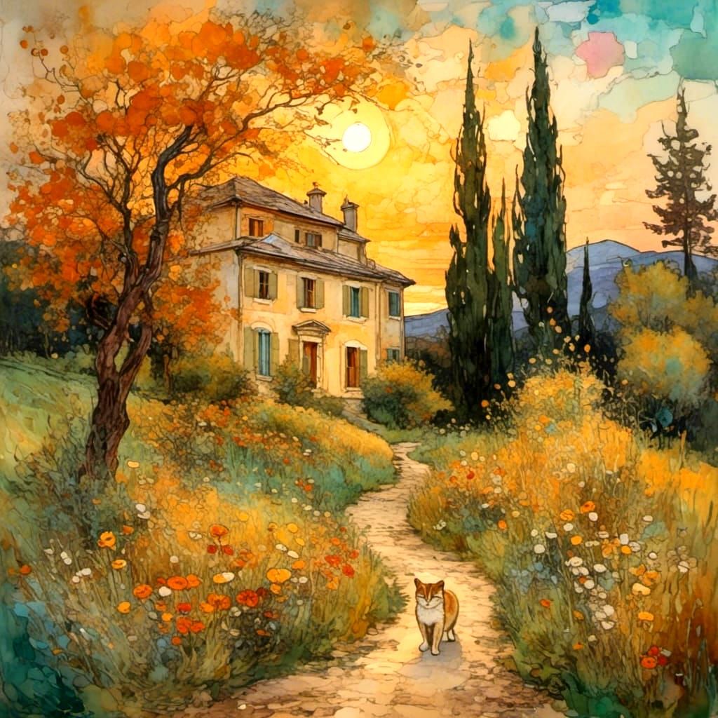 Italian Villa with Cat in Neurographic Ink