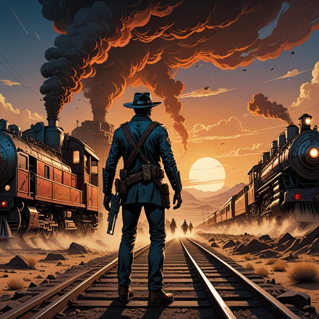 Wild West Train Robbery with Aliens in Comic Art Style