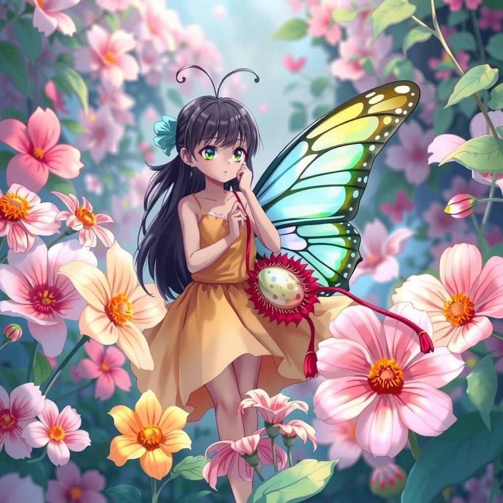 Anime Butterfly Character Confused by Carnivore Plant