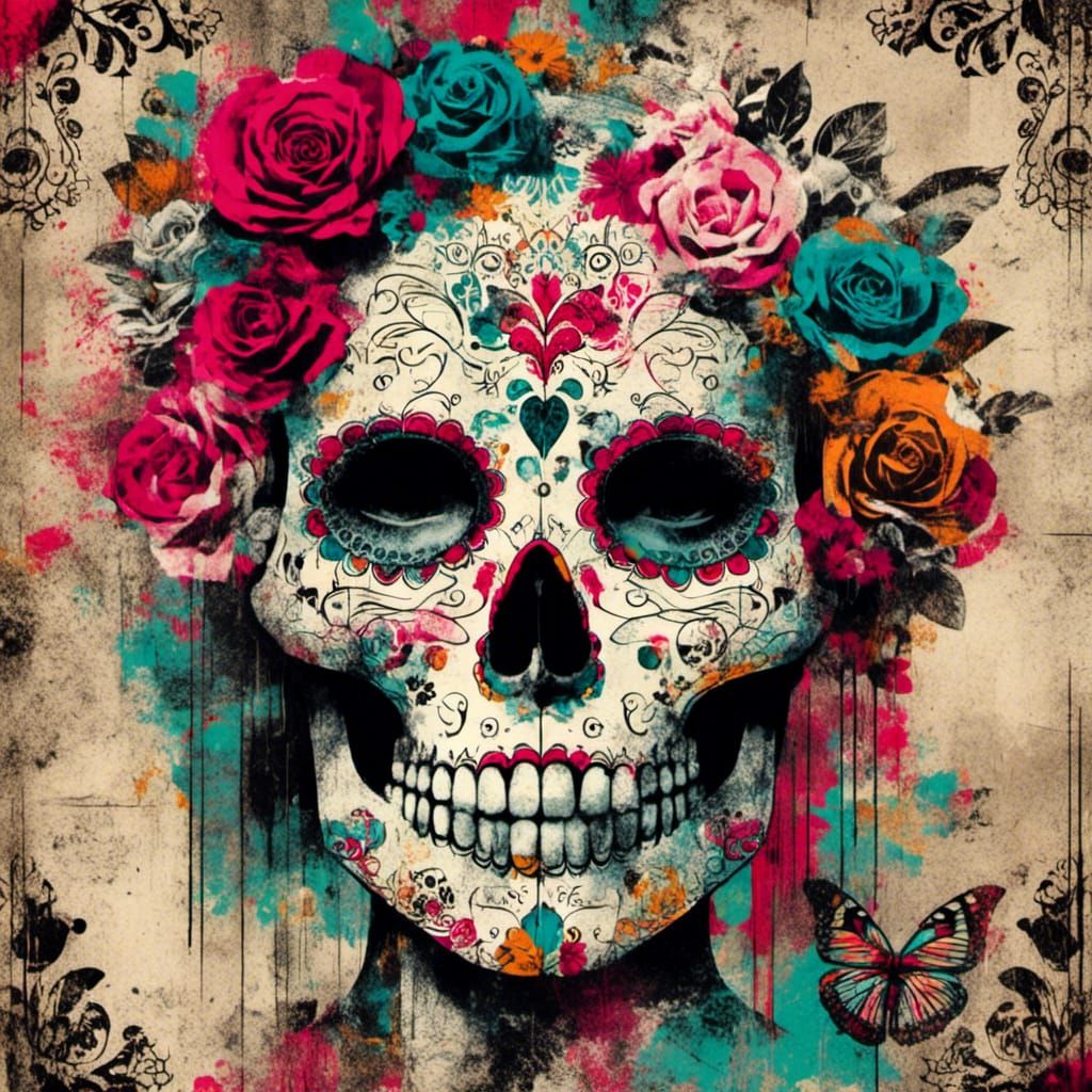 <lora:SugarSkullMemorials:1.0> a mixed media patchwork portrait of sugar skulls digital art, screen print, wheat p...
