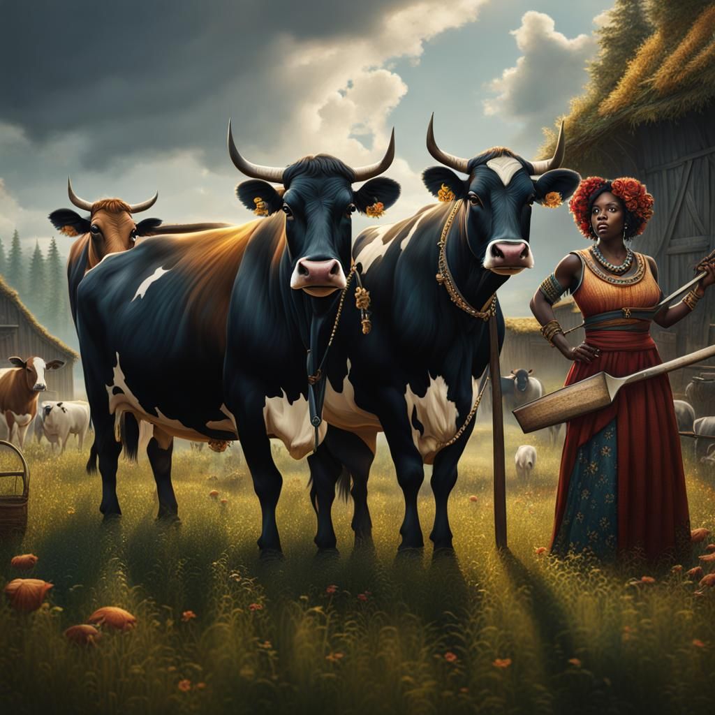 Cows Protest with Woman in Detailed Matte Painting