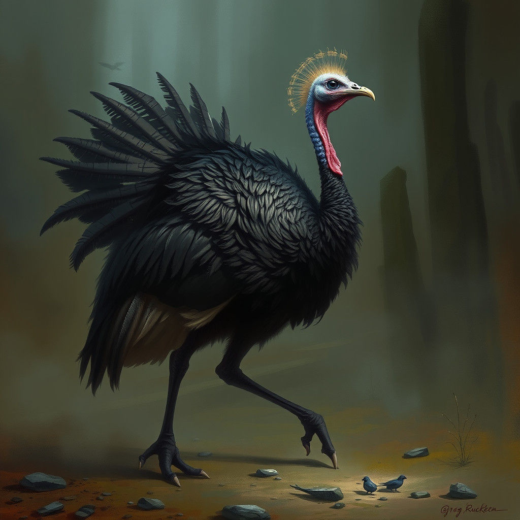 Sinister Turkey-Cassowary-Ostrich Hybrid in Fantasy Style