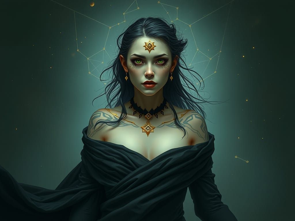 Sorceress with Golden Tattoos in Dark Fantasy Style