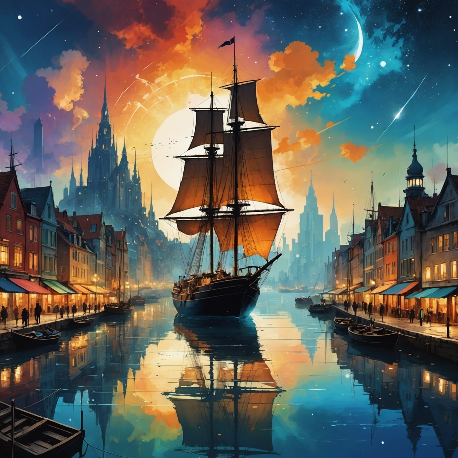 Enchanted Sailboat in Harbor with Nebula Sky