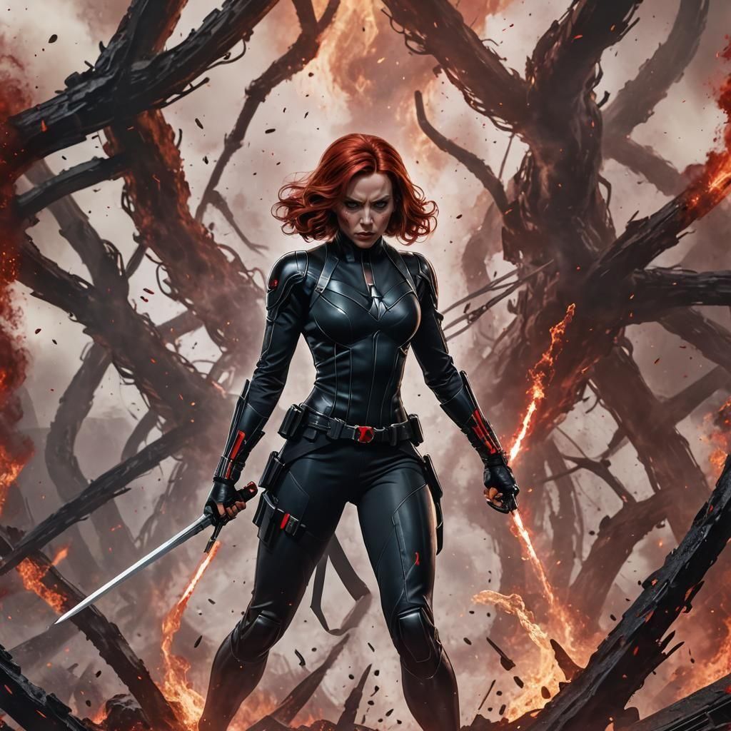 Black Widow with Swords in Cinematic Marvel Scene