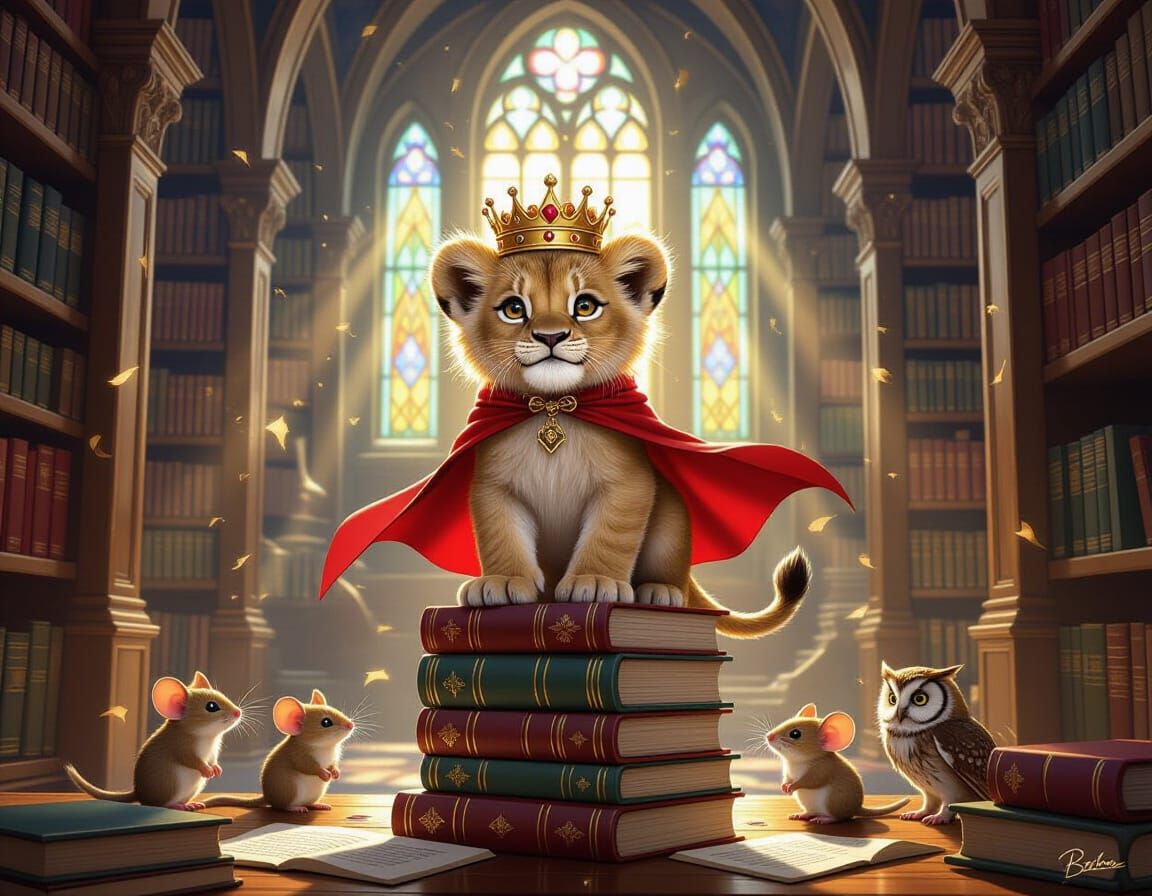 Lion Cub King in Whimsical Library: Digital Painting