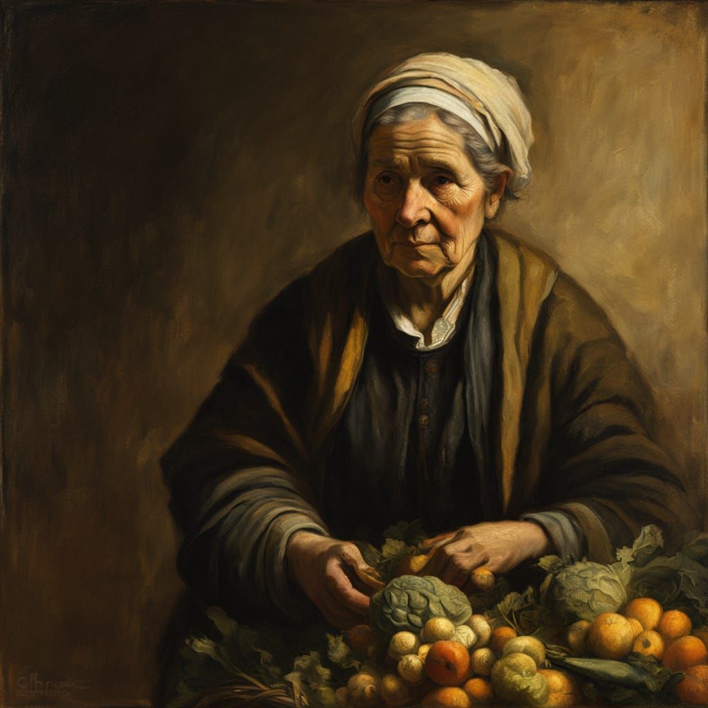 Vegetable Vendor in Rembrandt Style with Golden Light