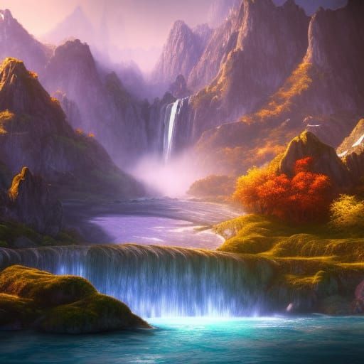 Detailed Waterfall and Mountain Matte Painting