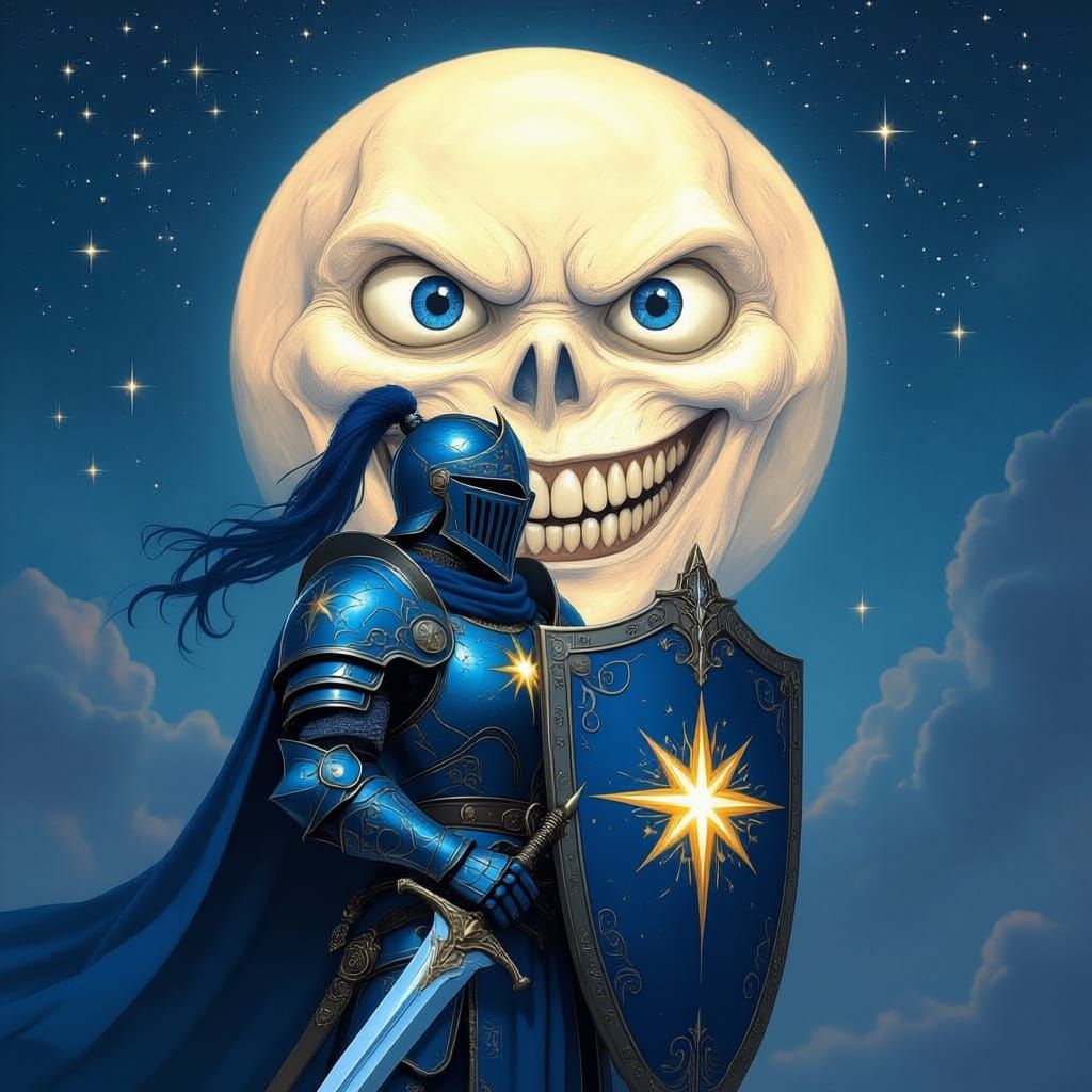 Blue Knight Gazing at Sinister Moon