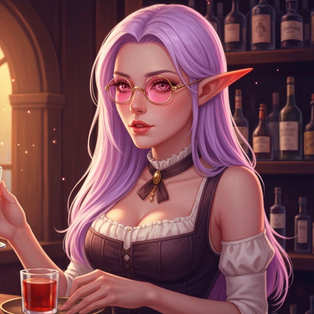 Elf Barmaid with Lavender Hair and Pink Glasses in Tavern