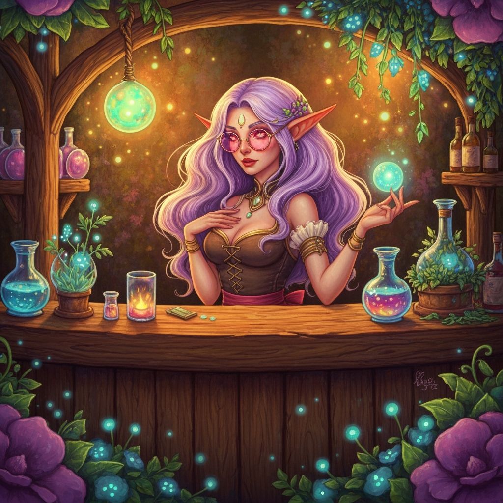 Lavender Haired Elf Barmaid in Mystical Fantasy Art