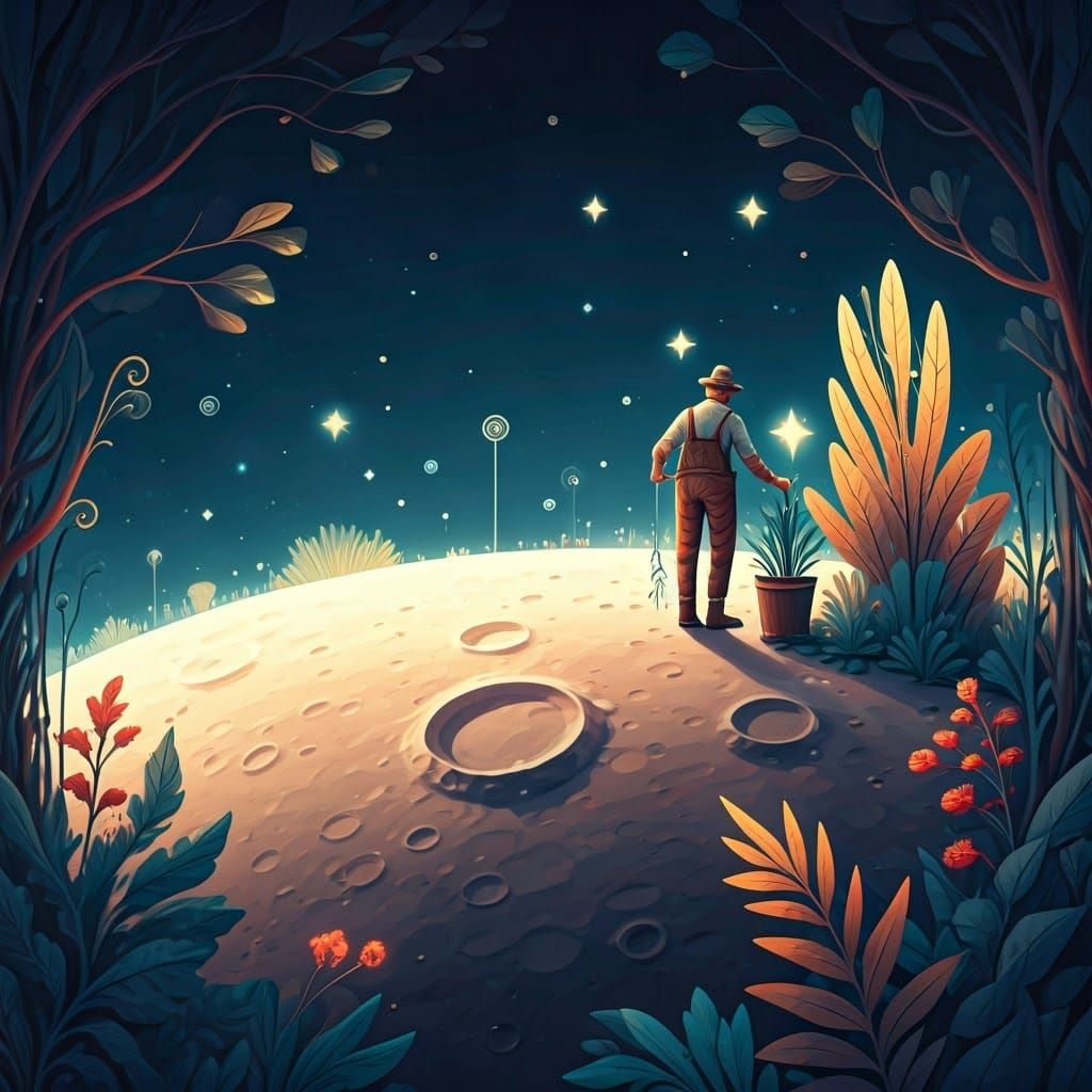 Lunar Gardener Cultivating Stars in Dreamscape
