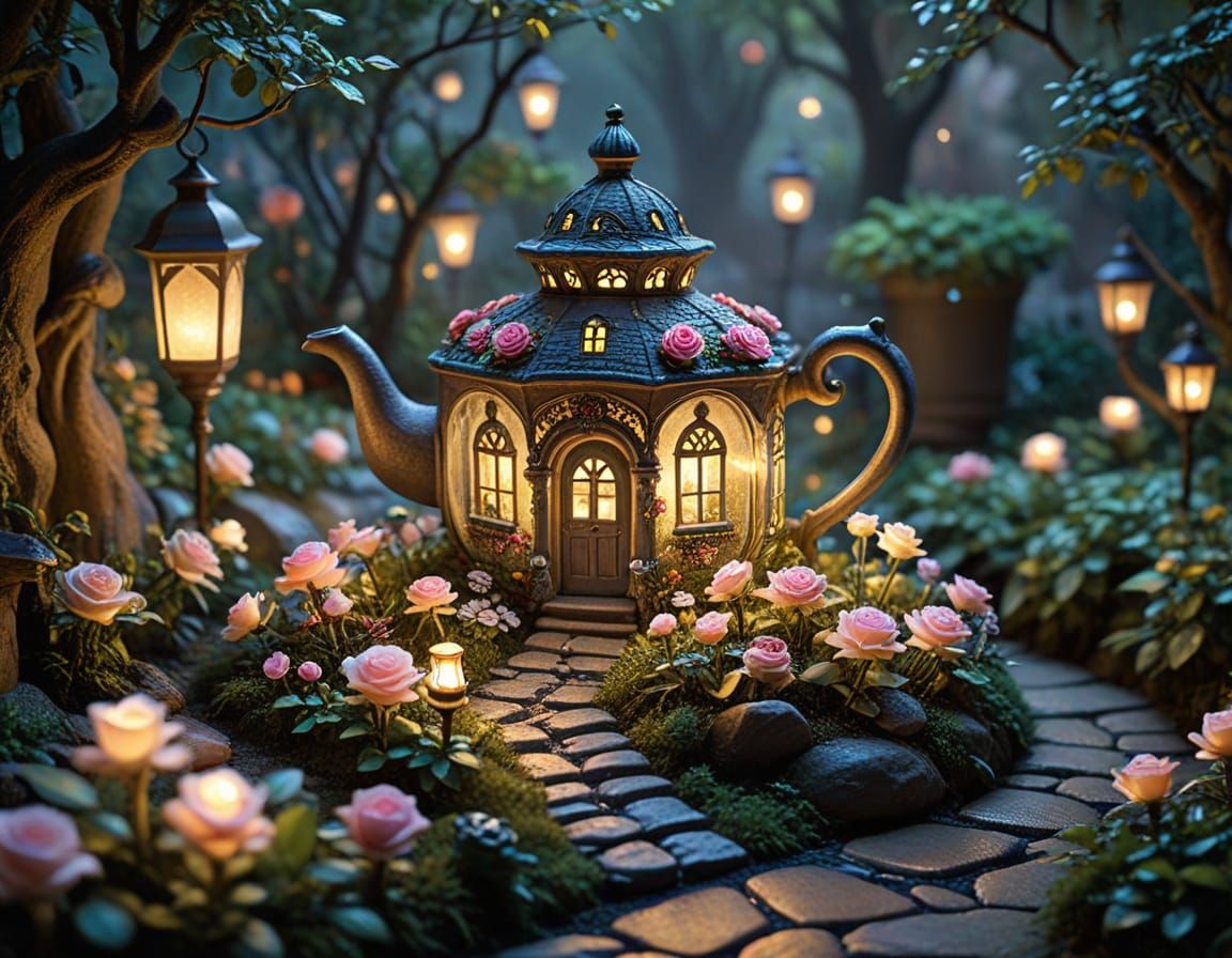 Enchanted Teapot Garden World with Glowing Lanterns