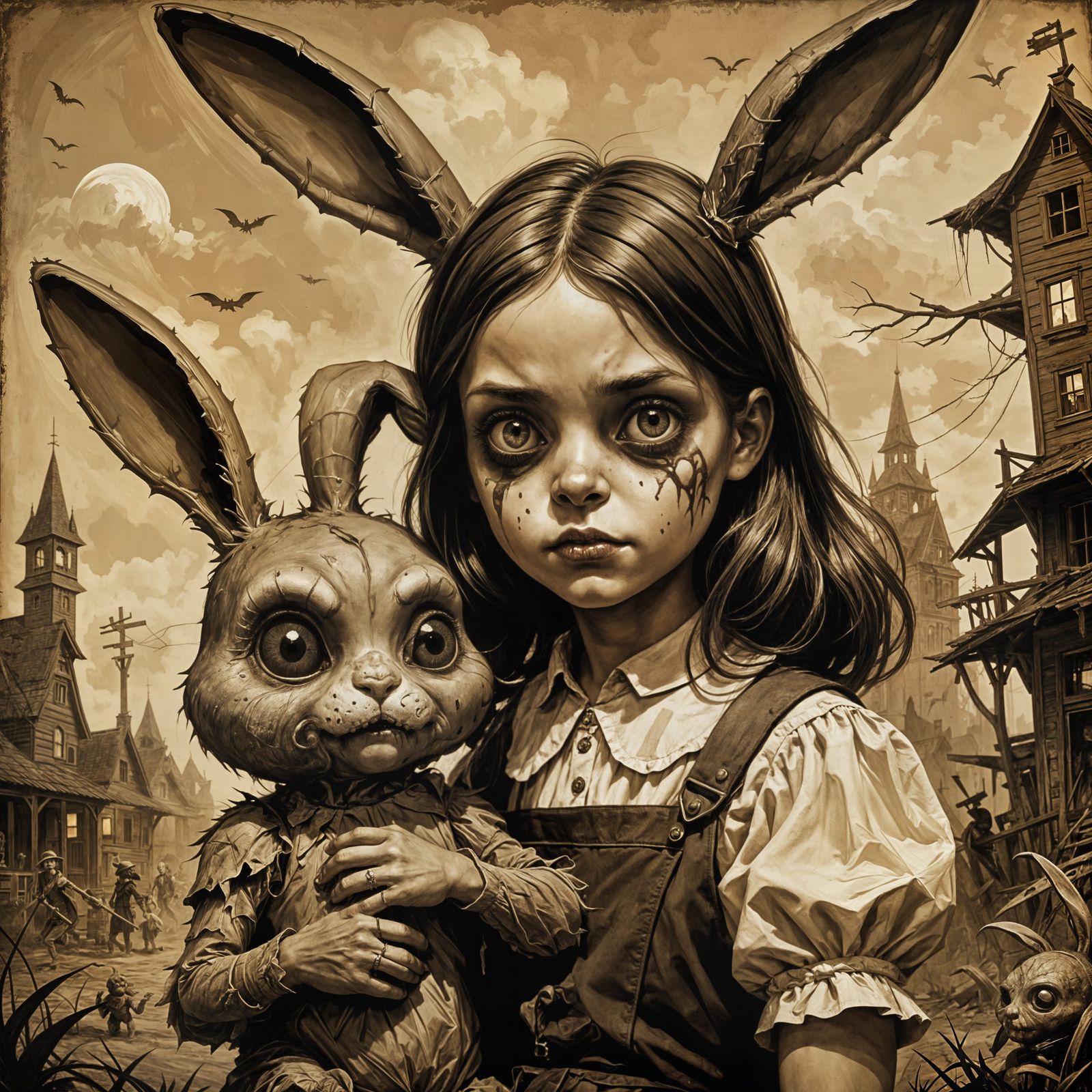 Girl and Evil Giant Plush Zombie Bunny in Sepia Tone