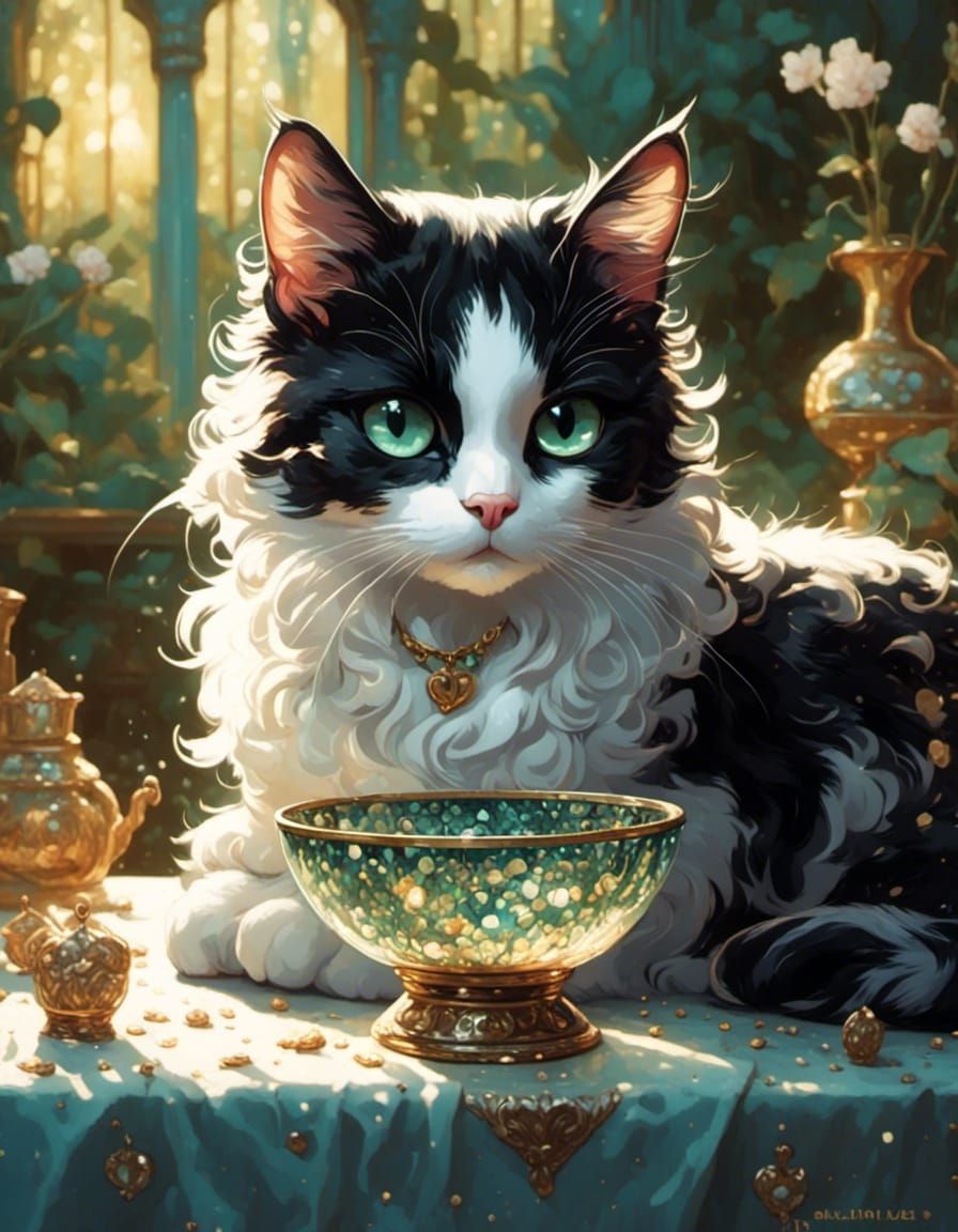 Black and White Cat in Glass Bowl