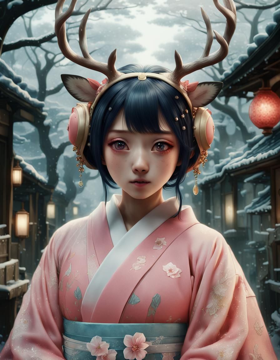 Kawaii Deer Girl Portrait in Anime Style