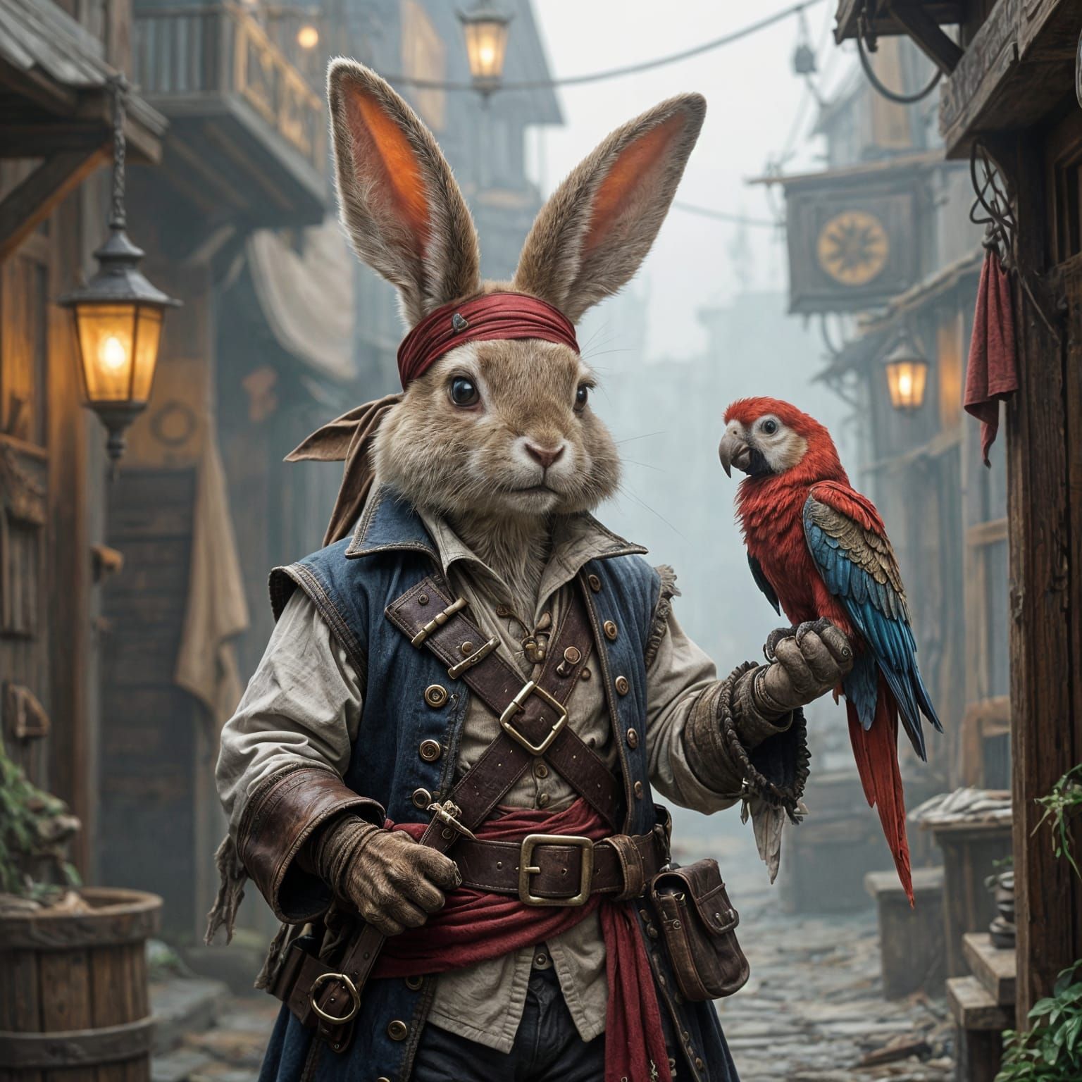 Anthropomorphic Pirate Rabbit Teaching Parrot to Talk