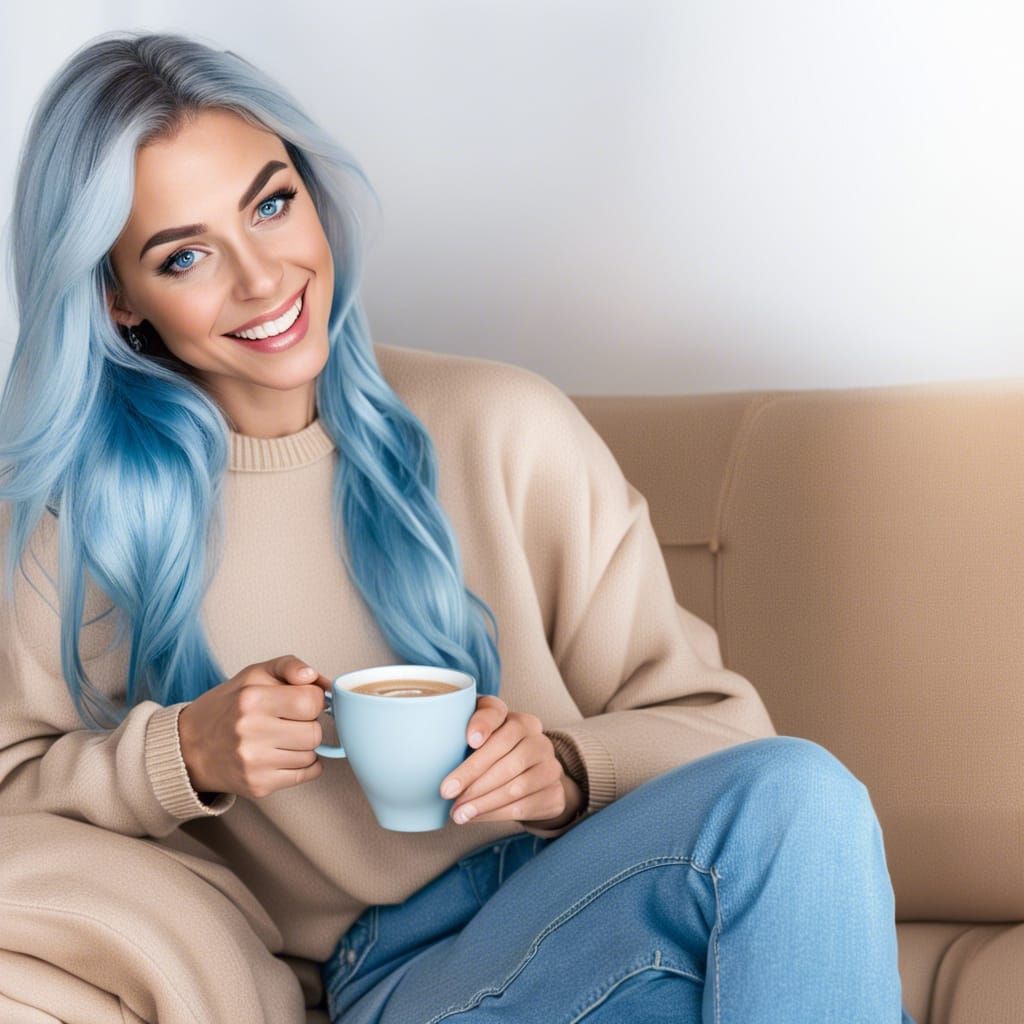 Blue-Haired Woman Enjoys Coffee on Couch