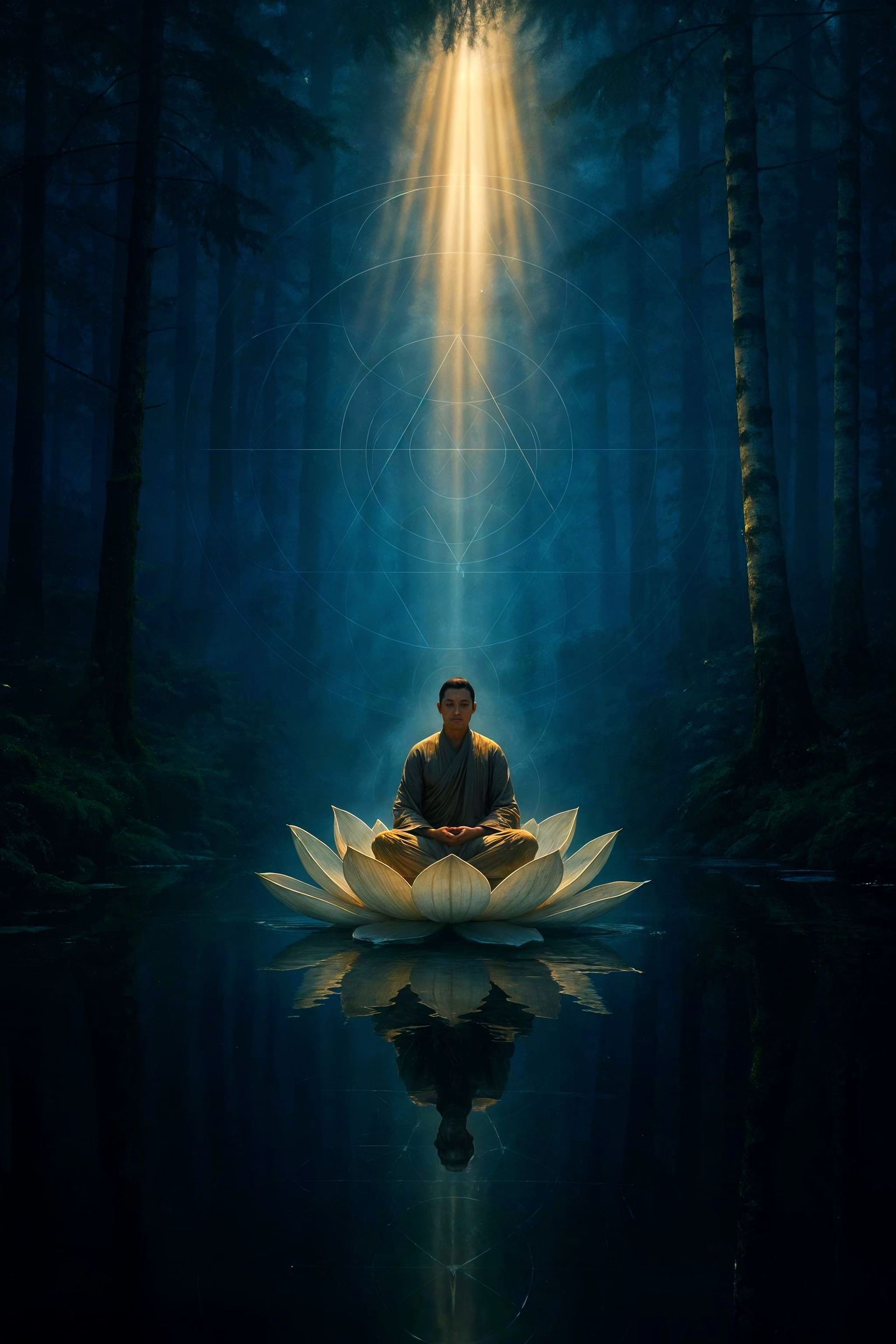 Meditating Figure in Indigo Forest with Lotus Flower