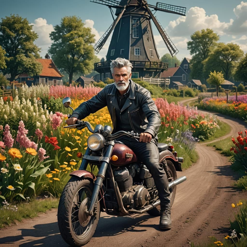 Dutch Flower Field: Man on Vintage Motorbike