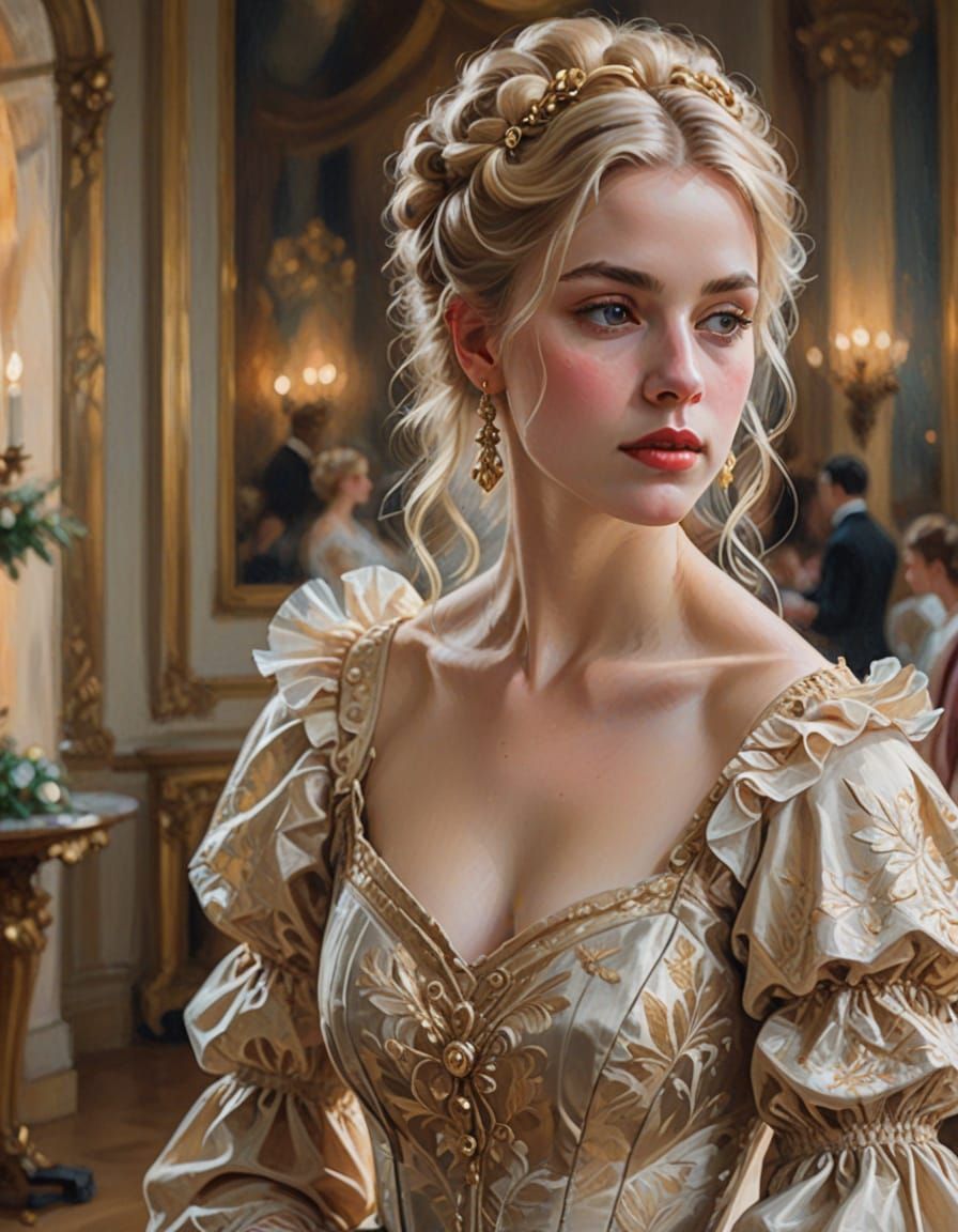 Charming Blonde Girl in Antique Ballgown, Oil Painting Style