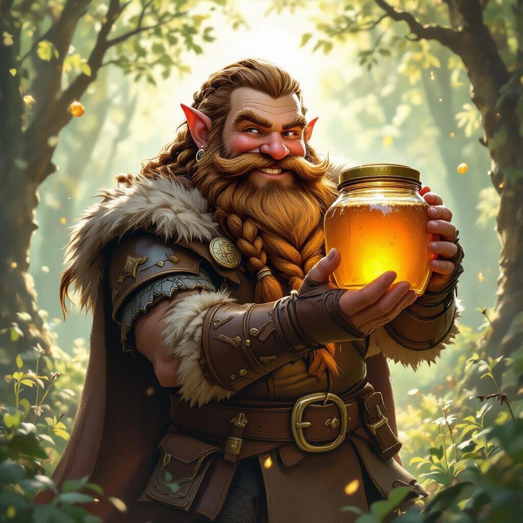 Fantasy Dwarf with Honey Jar in Sun-Dappled Forest