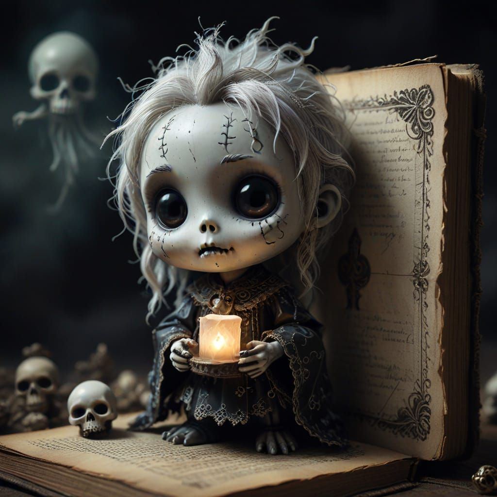 Ghostly Chibi Emerges From Storybook in Voodoo Folk Art Styl...