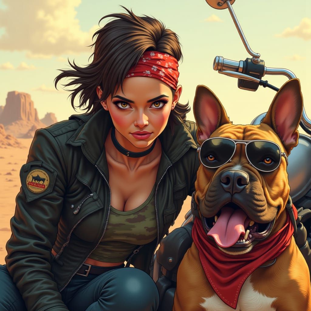 Tough Biker and Bulldog Pose on Motorcycle at Sunset