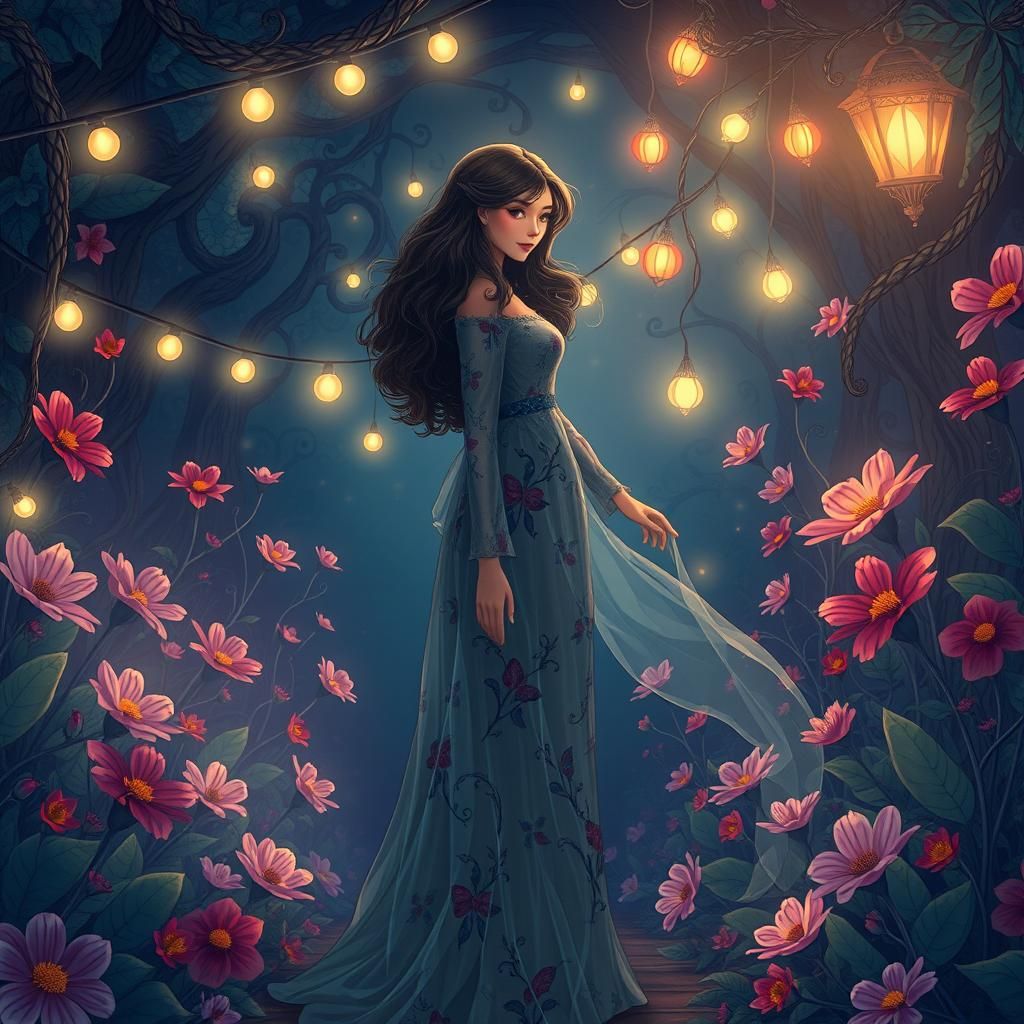 Dreamlike Woman in a Twinkling Garden