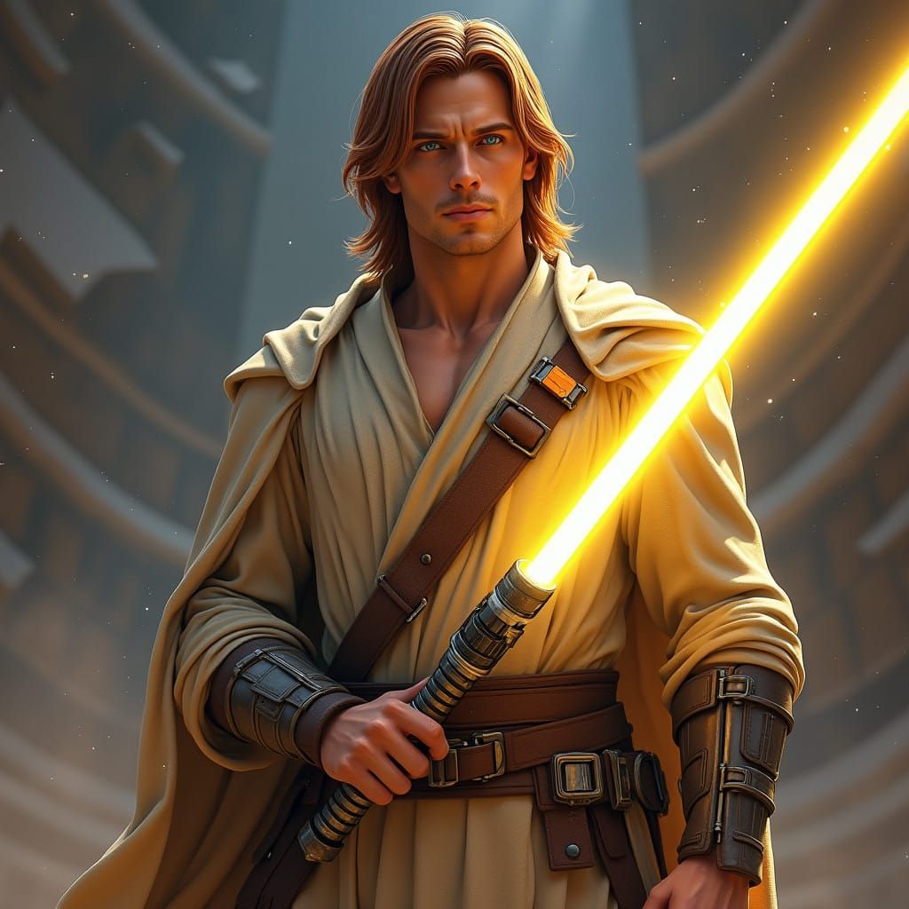 Tall Human Jedi in Epic Earth-Toned Armor, Wielding a Majest...