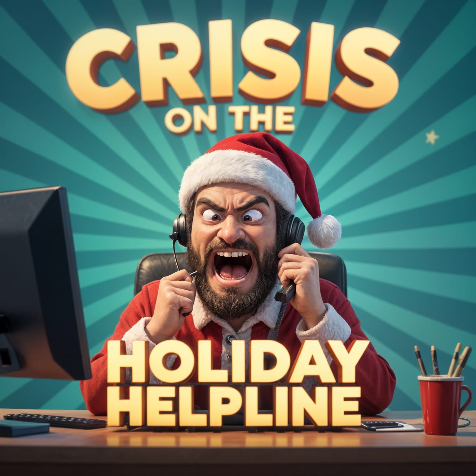 Angry Man in Santa Hat Screams at Desk