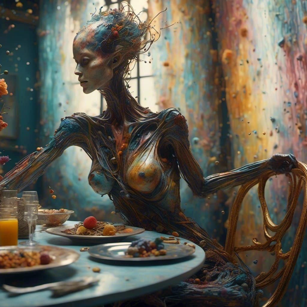Polychromatic Alien at Table in Hyperrealistic Style