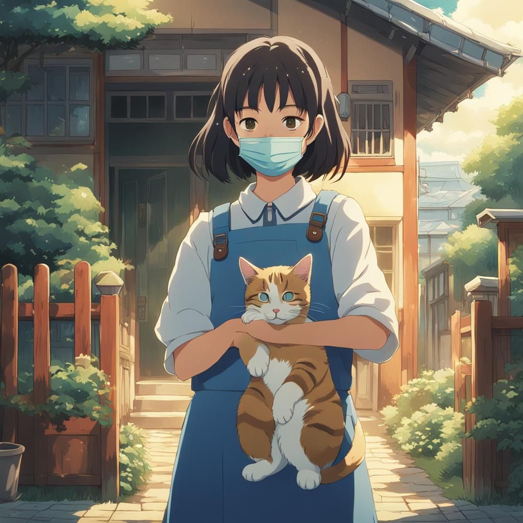 Anime Girl with Cat and Peace Sign, Ghibli Style