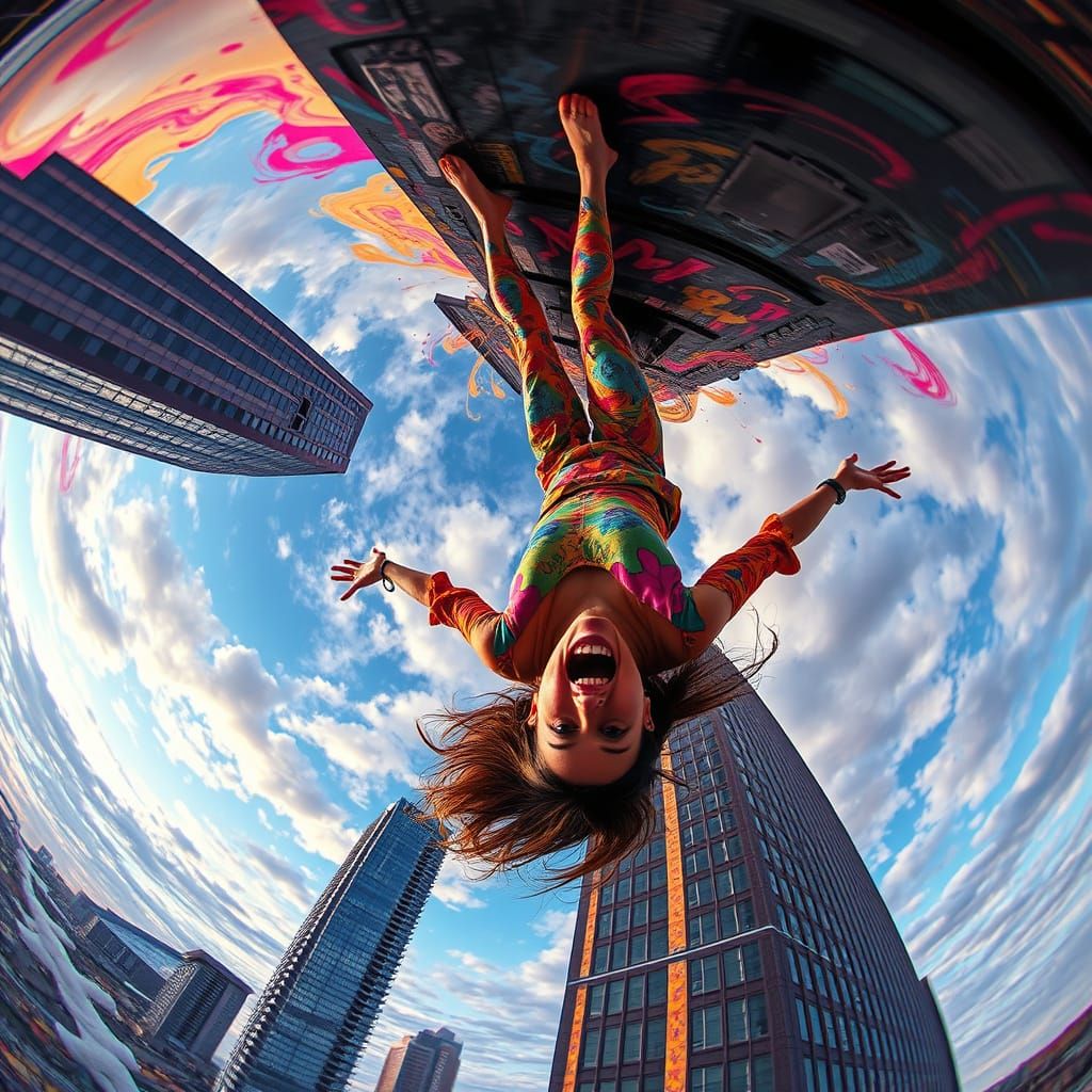 Surreal Falling Woman in Cityscape, Graffiti Art Style