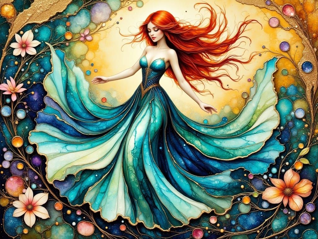 Dancing Woman in Flowing Gown, Alcohol Ink Art