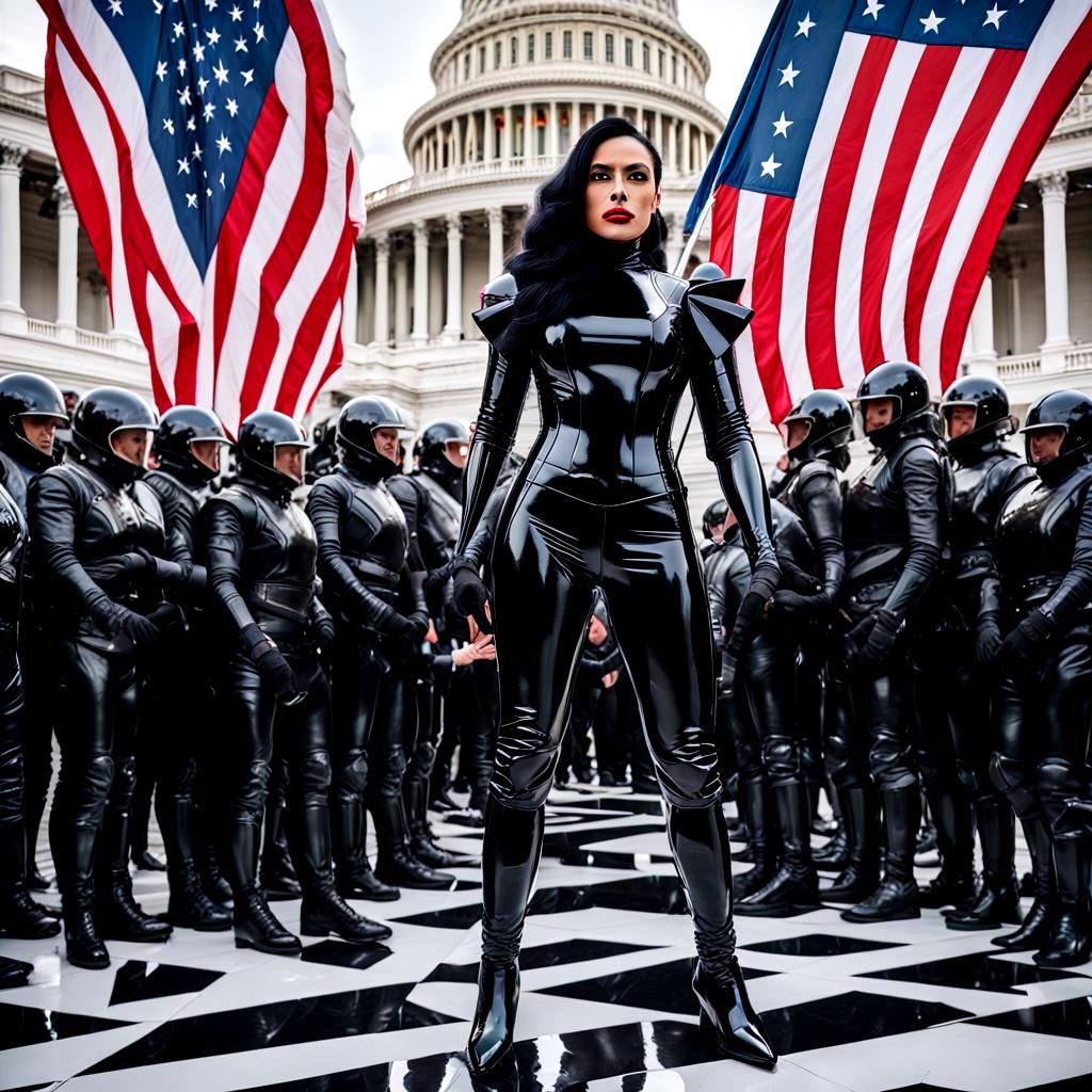 Striking Latex Figure Carrying US Flag in Chaos