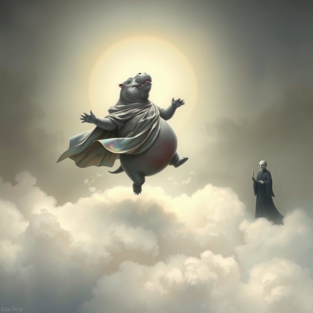Whimsical Hippo Dances on Ethereal Clouds with Mysterious Fi...