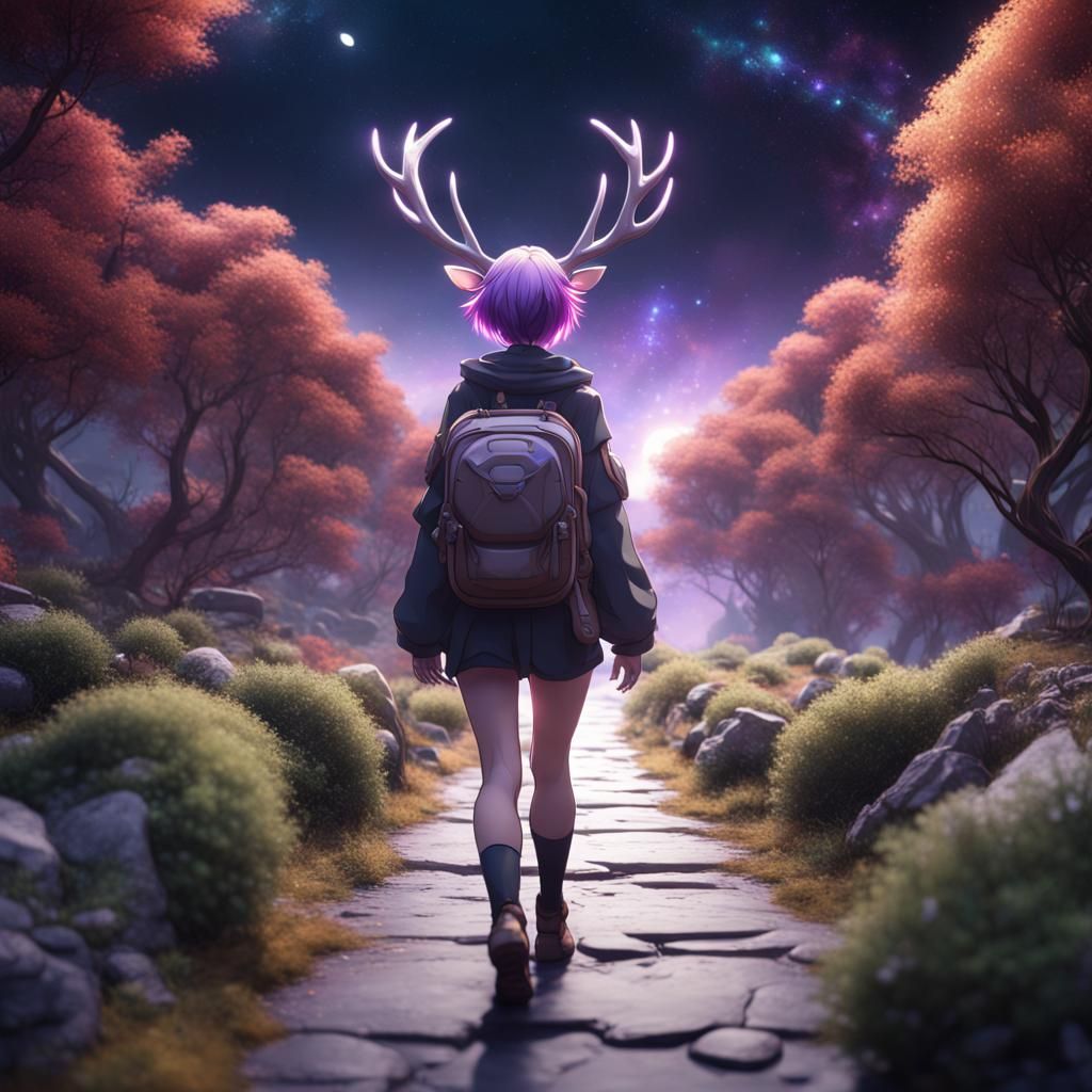 Anime Deer Girl Walking in Space, Digital Art