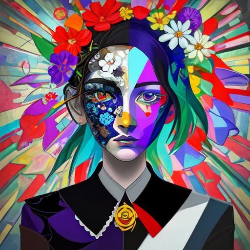 Cubist Face with Flowers and Tears in Art Deco Style