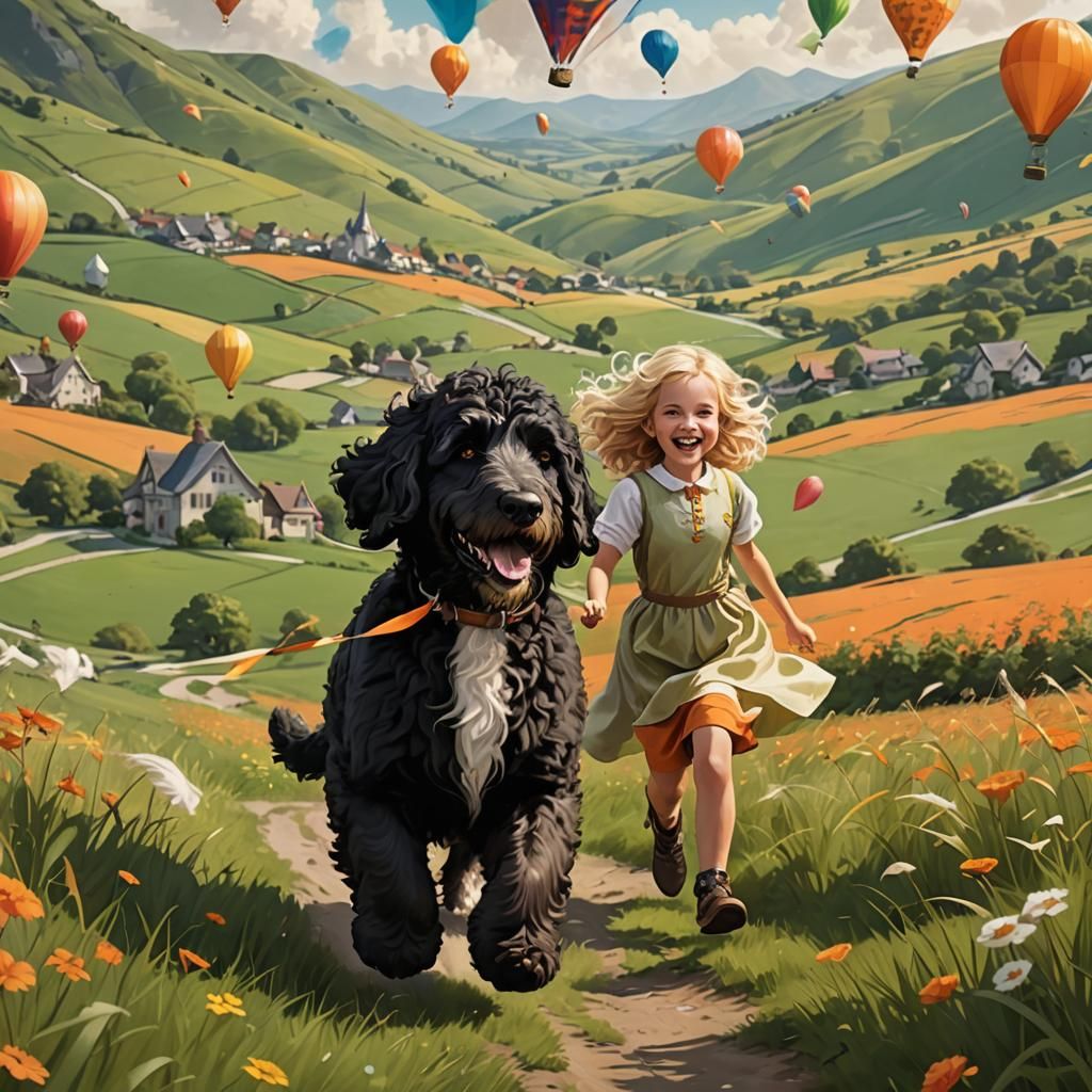 Joyful Bernedoodle and Girl in Fantasy Landscape