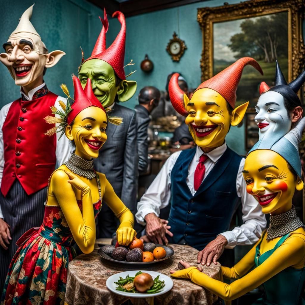 Surreal Restaurant Scene with Exotic Aliens in Masterpiece P...